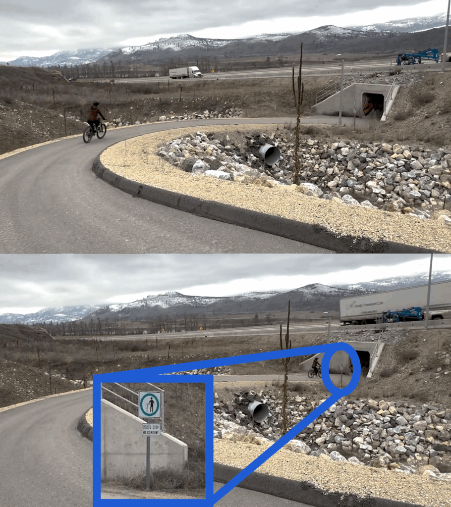 Stills from a video showing a cyclist cycling past a "Cyclists Dismount" sign