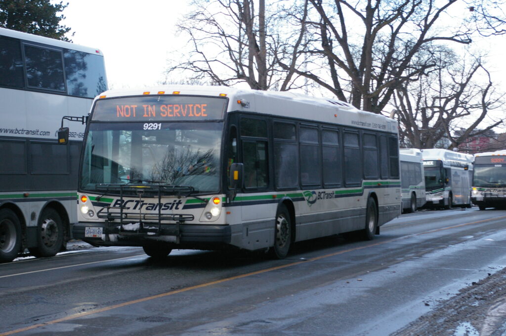 A bus from BC Transit's Cowichan Valley fleet, displaying "Not in service". Photo: © Douglas C.