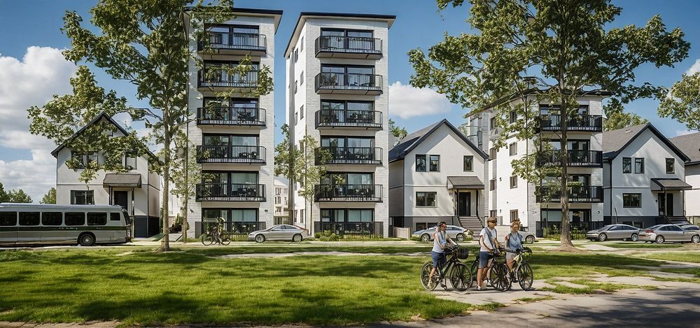 two walk-up apartments of six storeys each. Each apartment occupies the footprint of one single family home, and faces a park.